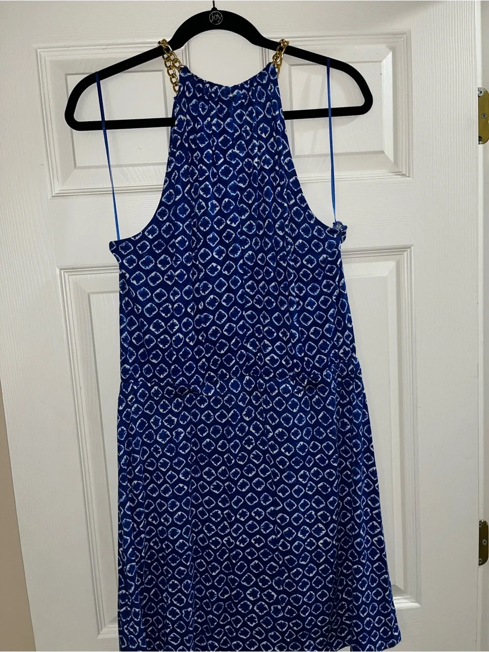 Michael Kohrs Blue Sleeveless Halter Dress with Gold Chain Detail